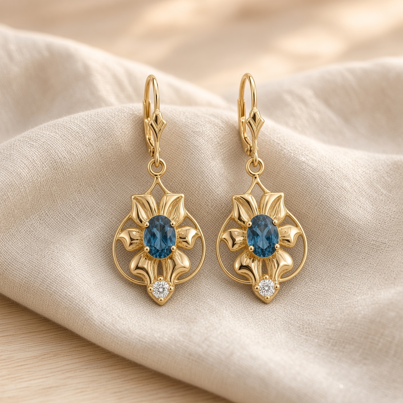 14K gold flower earrings with oval London blue topaz and diamond accents on soft cream linen