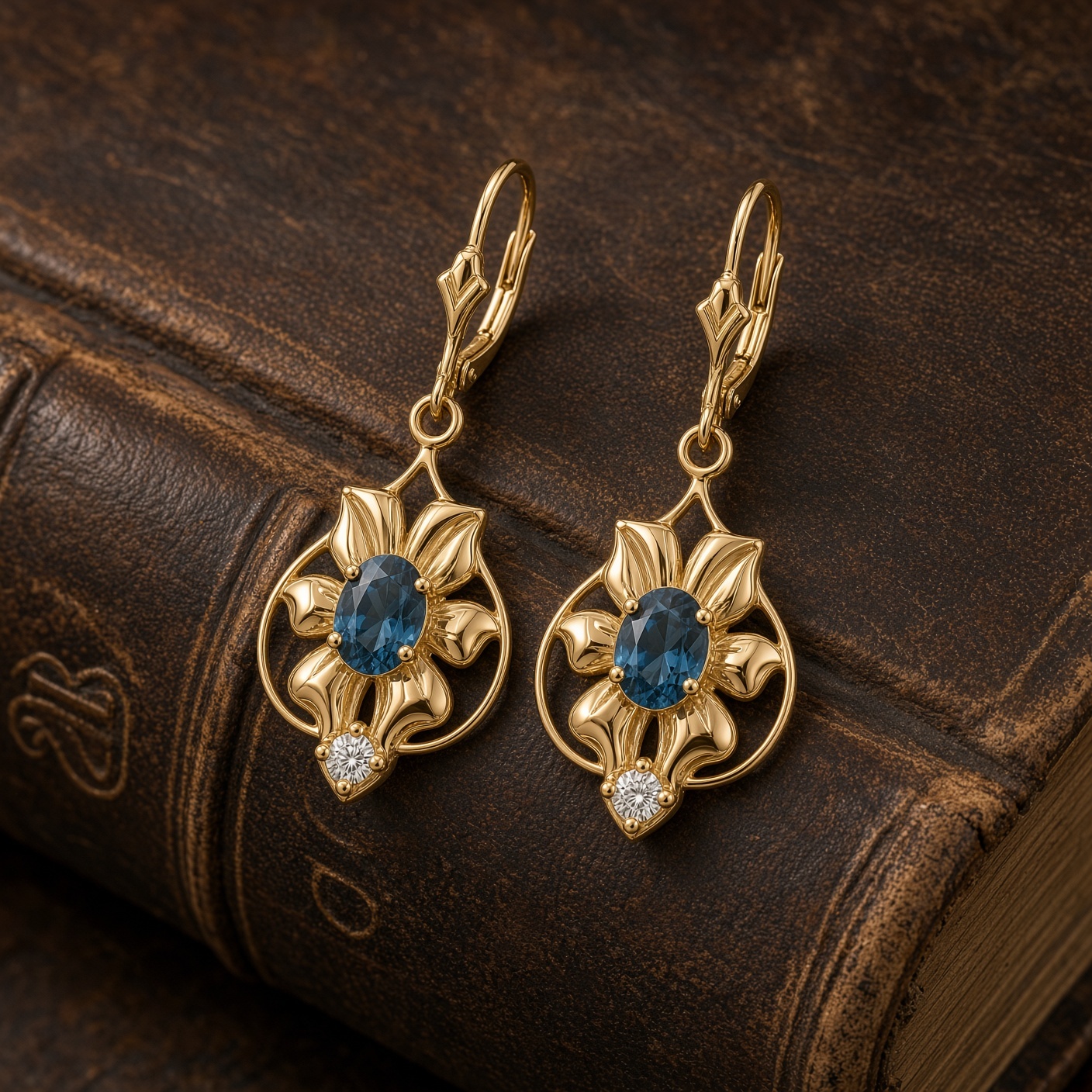 Close view of 14K gold London blue topaz flower earrings resting on a brown leather book