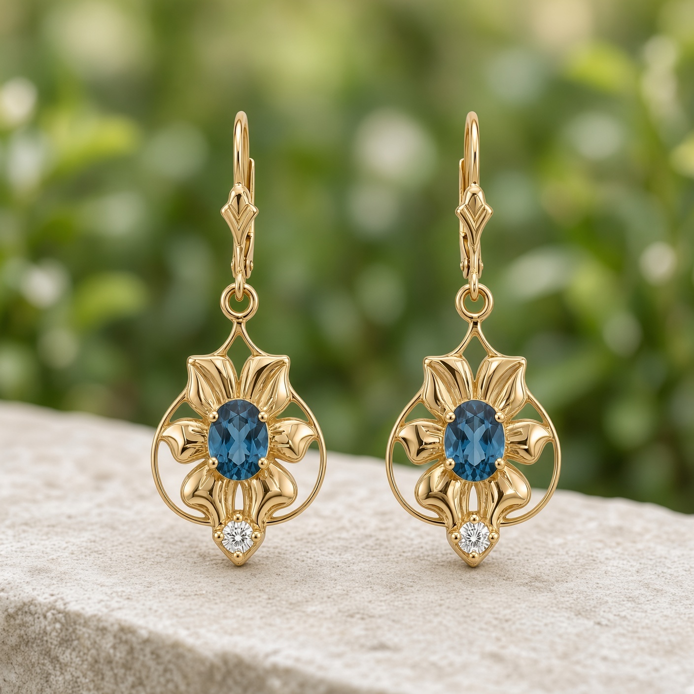 Art nouveau London blue topaz and diamond flower earrings on a stone ledge with green foliage behind