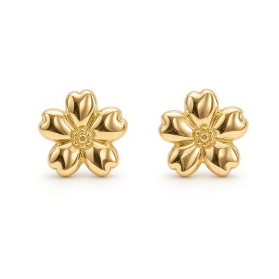 Pair of 14K yellow gold forget-me-not flower stud earrings, white background