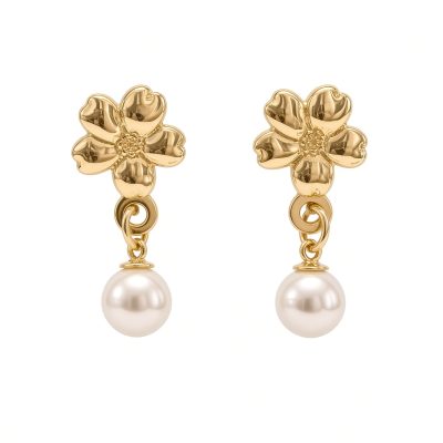 Pair of 14K yellow gold forget-me-not stud earrings with white pearl dangles, white background