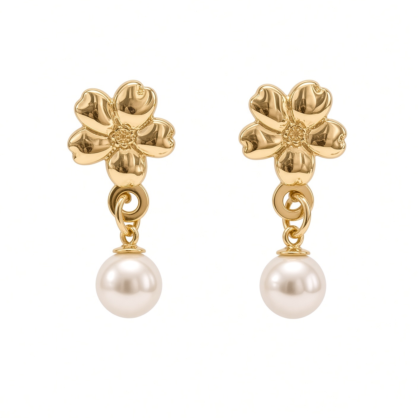 Pair of 14K yellow gold forget-me-not stud earrings with white pearl dangles, white background