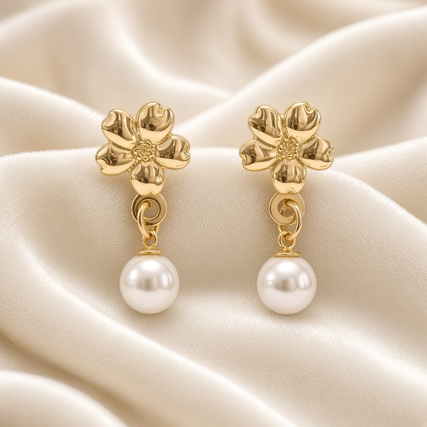 Gold forget-me-not studs with pearl dangles on draped cream satin