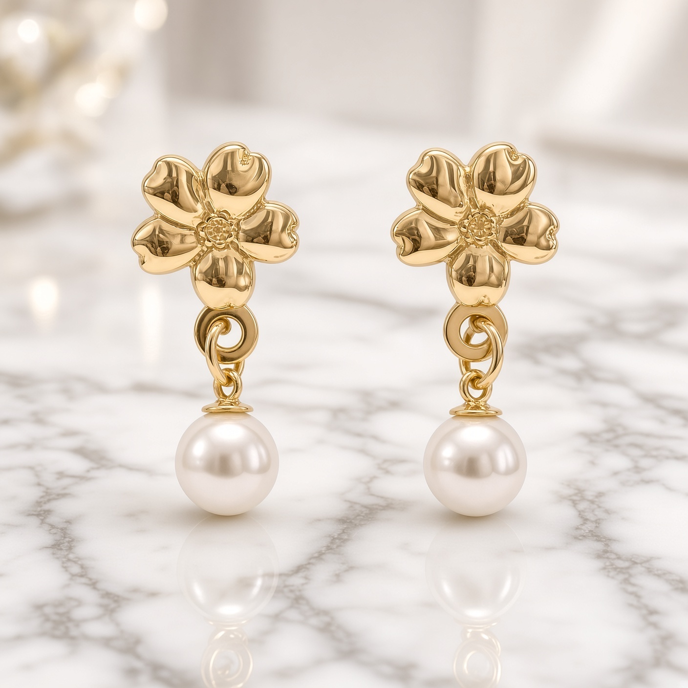 Forget-me-not pearl dangle earrings in 14K gold on white and gray marble