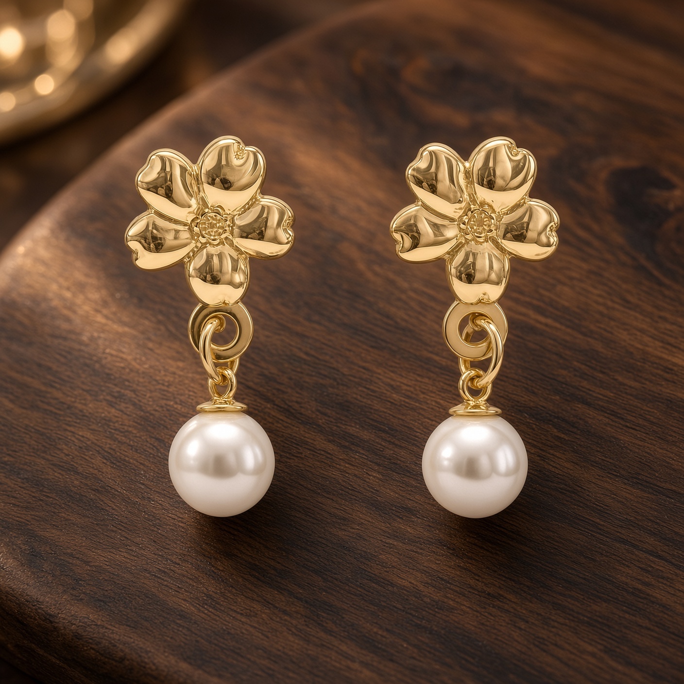 14K yellow gold pearl drop flower earrings on dark wood