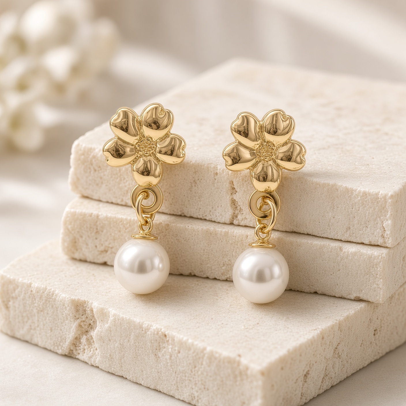 14K gold flower studs with pearl dangles on stacked cream stone tiles