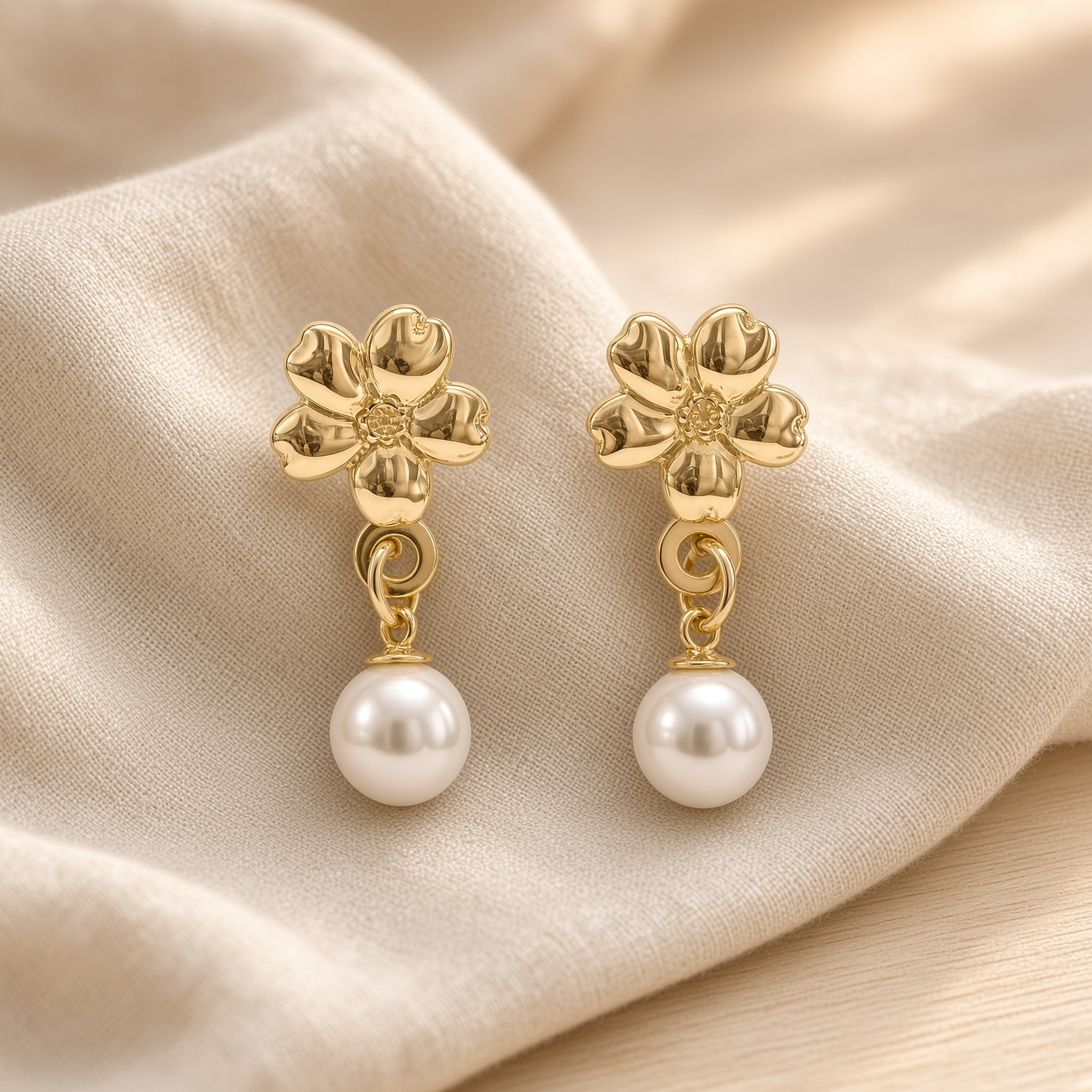 Gold forget-me-not pearl drop earrings on soft cream linen