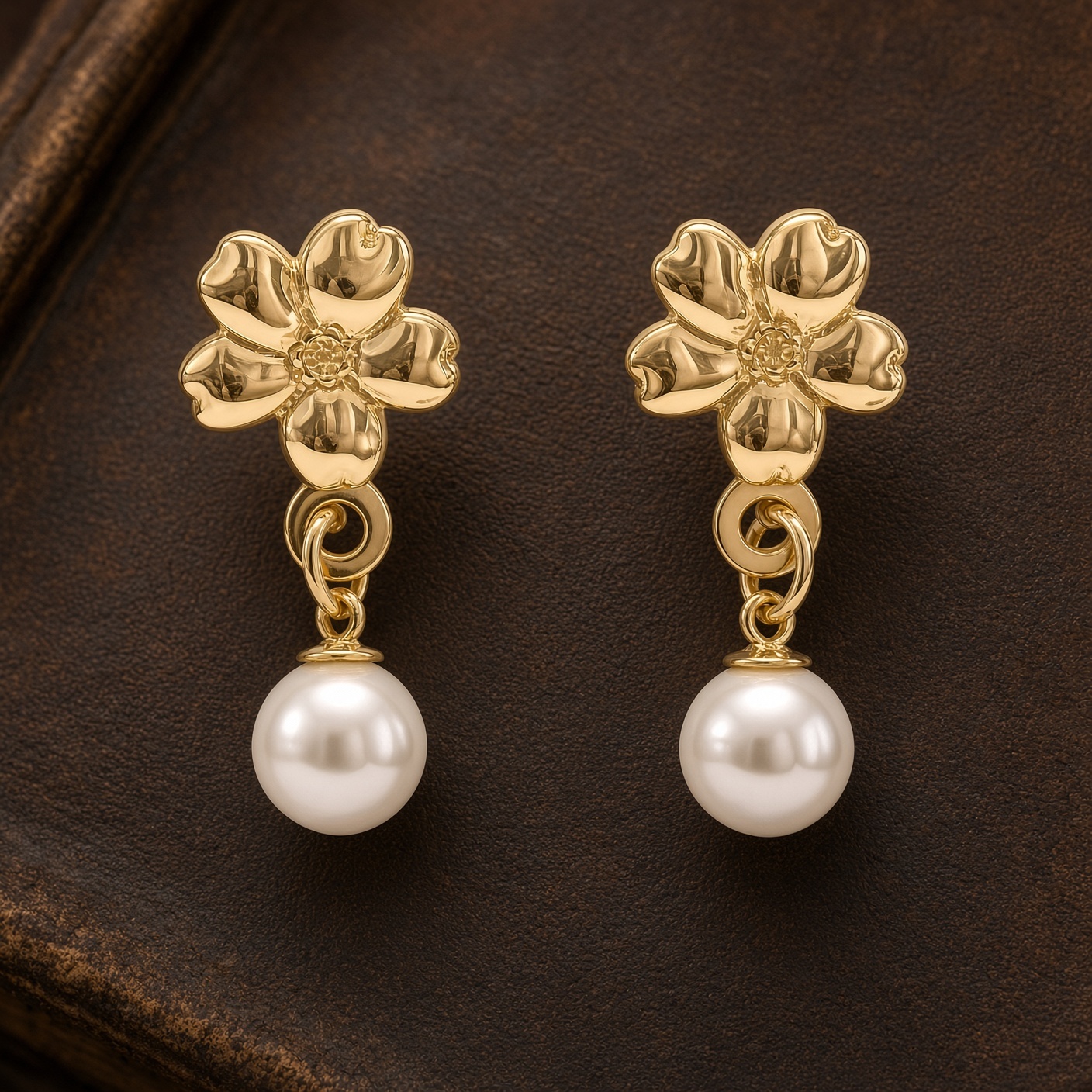 14K gold flower earrings with white pearls on a dark brown leather book