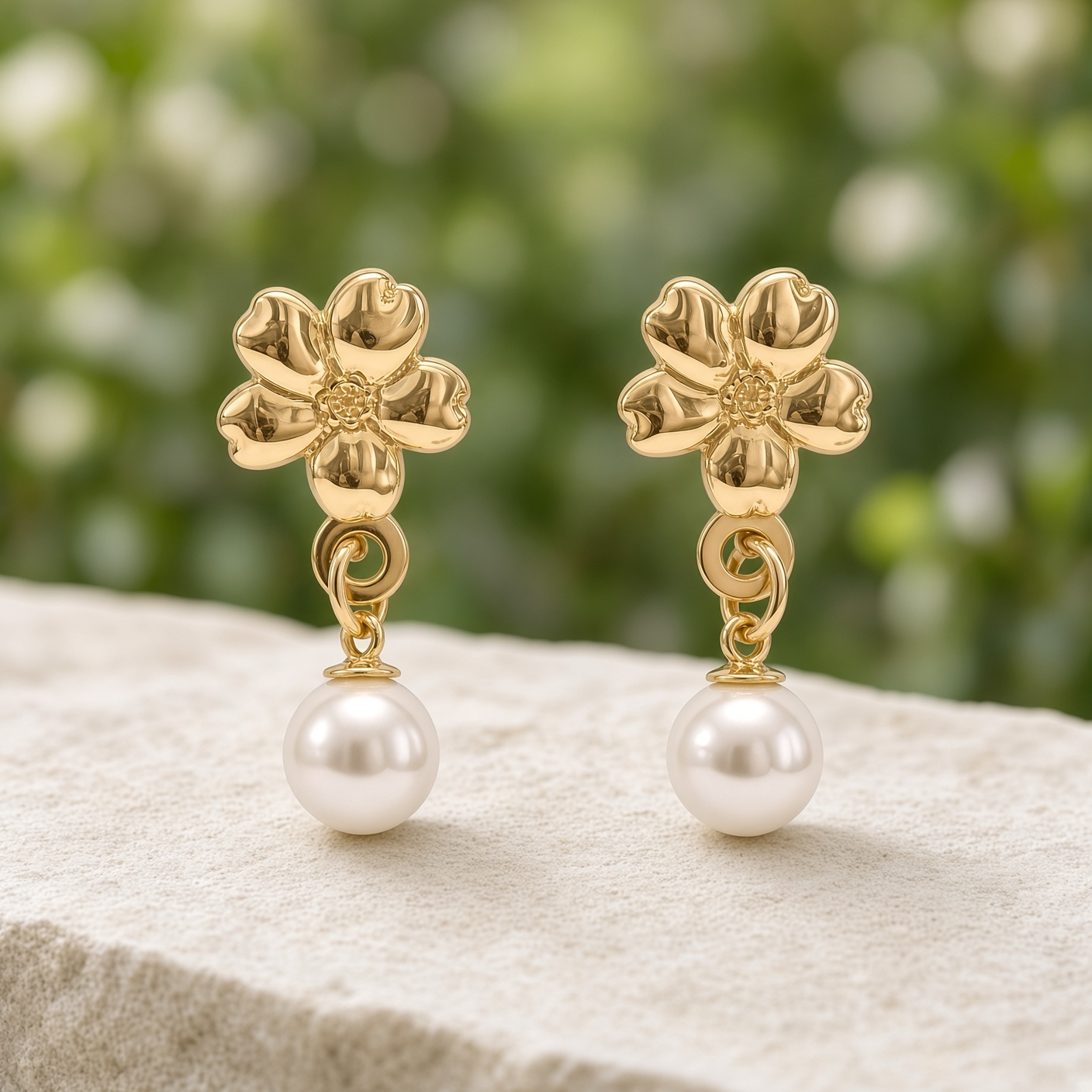 Forget-me-not pearl drop earrings in 14K gold on a pale stone ledge with green foliage behind