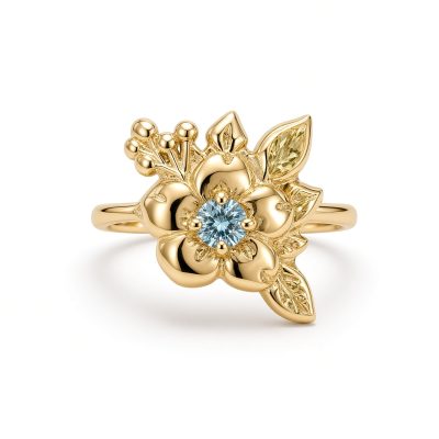 14K yellow gold wild rose ring with a round blue diamond center, sculpted leaves, and gold berries, white background