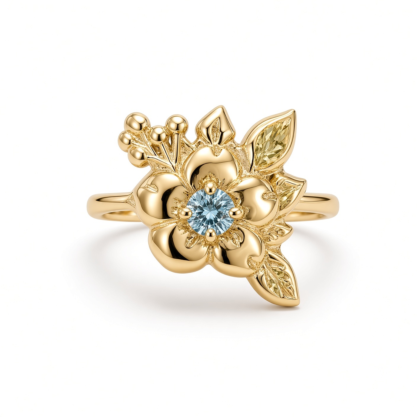 14K yellow gold wild rose ring with a round blue diamond center, sculpted leaves, and gold berries, white background