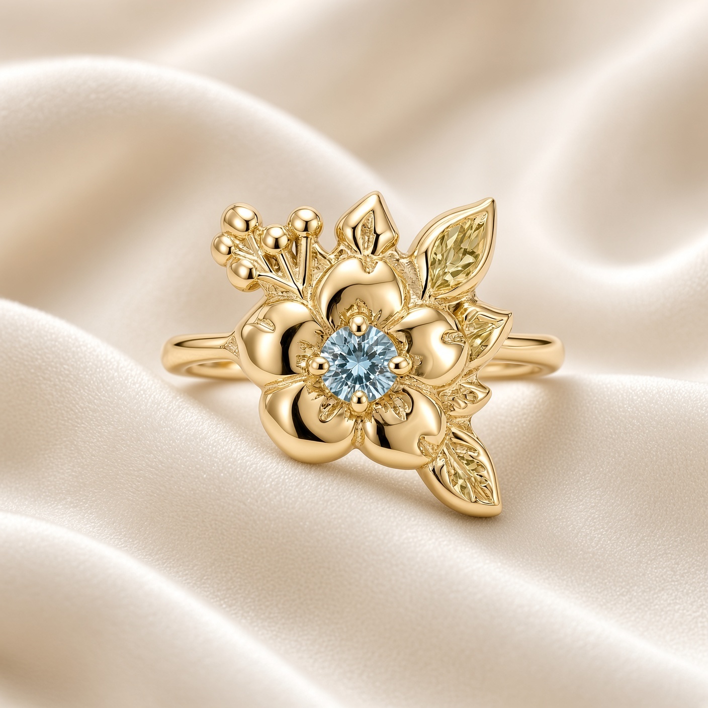 14K yellow gold wild rose ring with a round blue diamond center, sculpted leaves, and gold berries, on draped cream satin