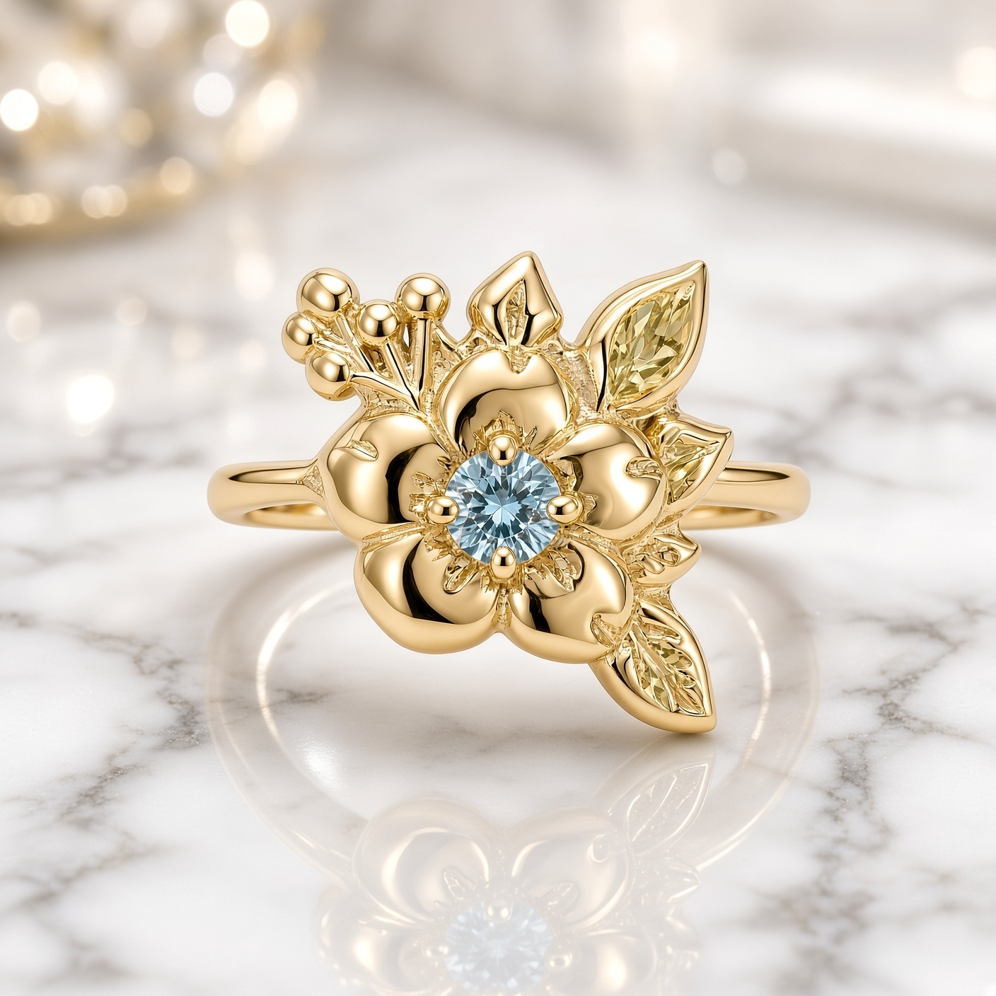 14K yellow gold wild rose ring with a round blue diamond center, sculpted leaves, and gold berries, on white and gray marble