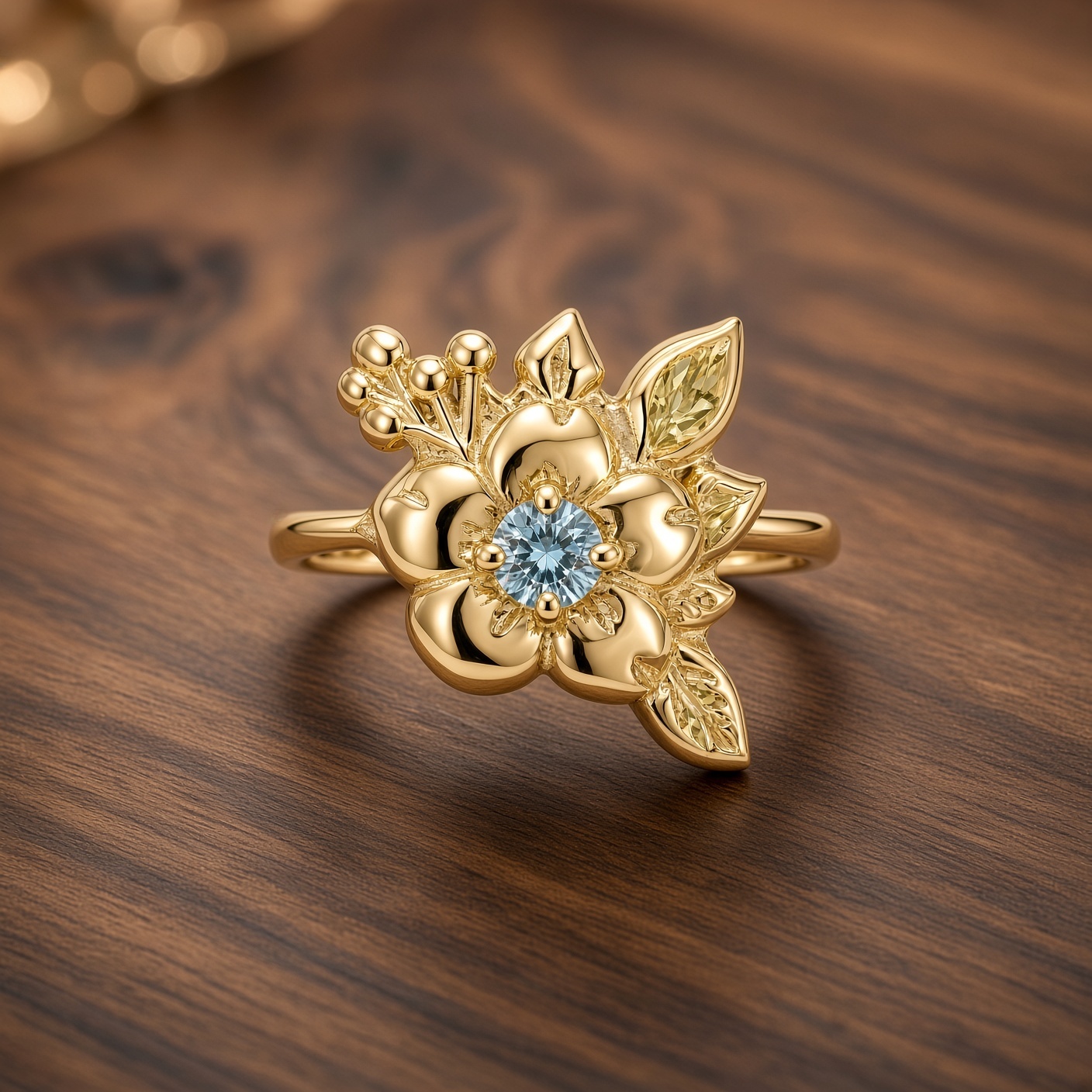 14K yellow gold wild rose ring with a round blue diamond center, sculpted leaves, and gold berries, on dark wood
