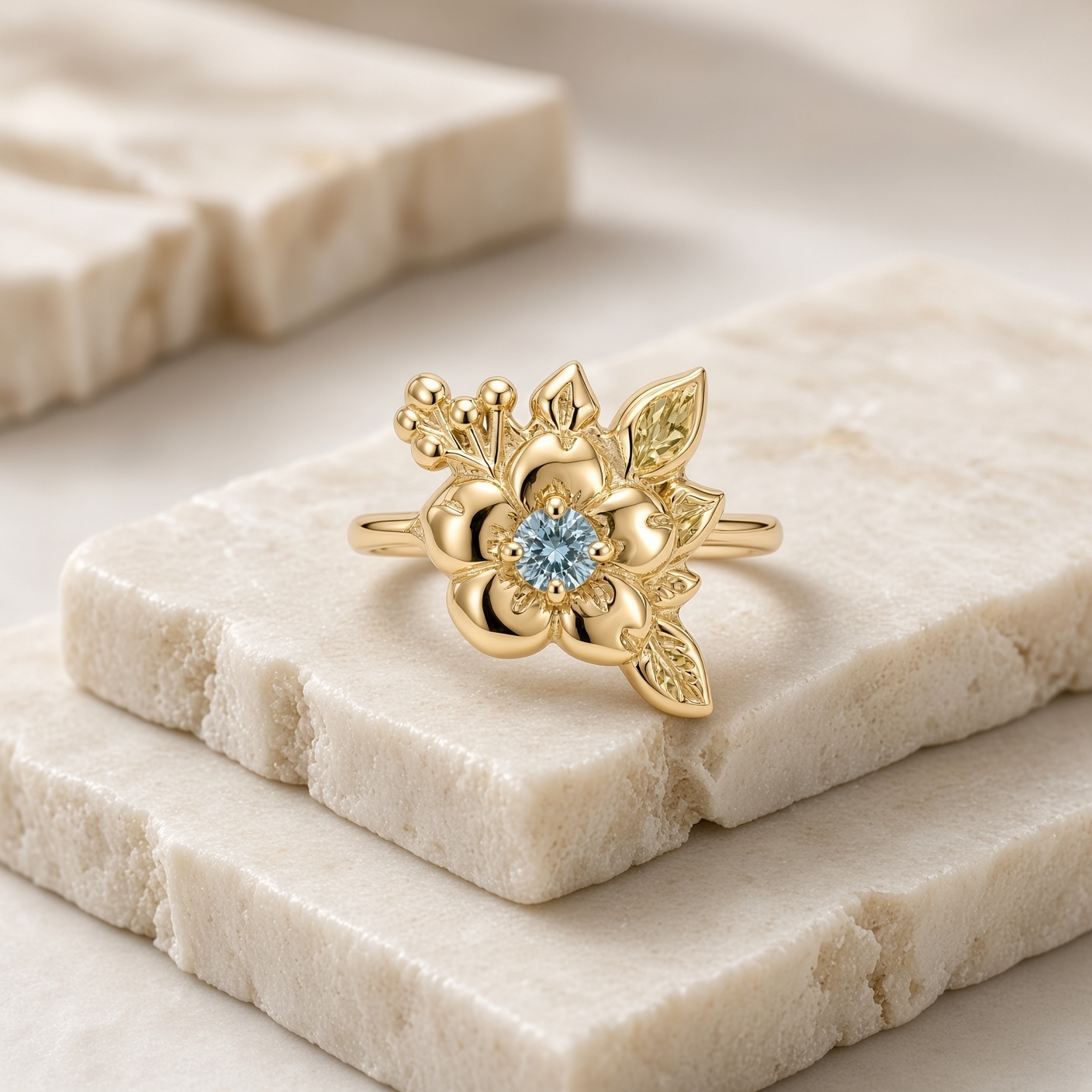 14K yellow gold wild rose ring with a round blue diamond center, sculpted leaves, and gold berries, on stacked cream stone tiles