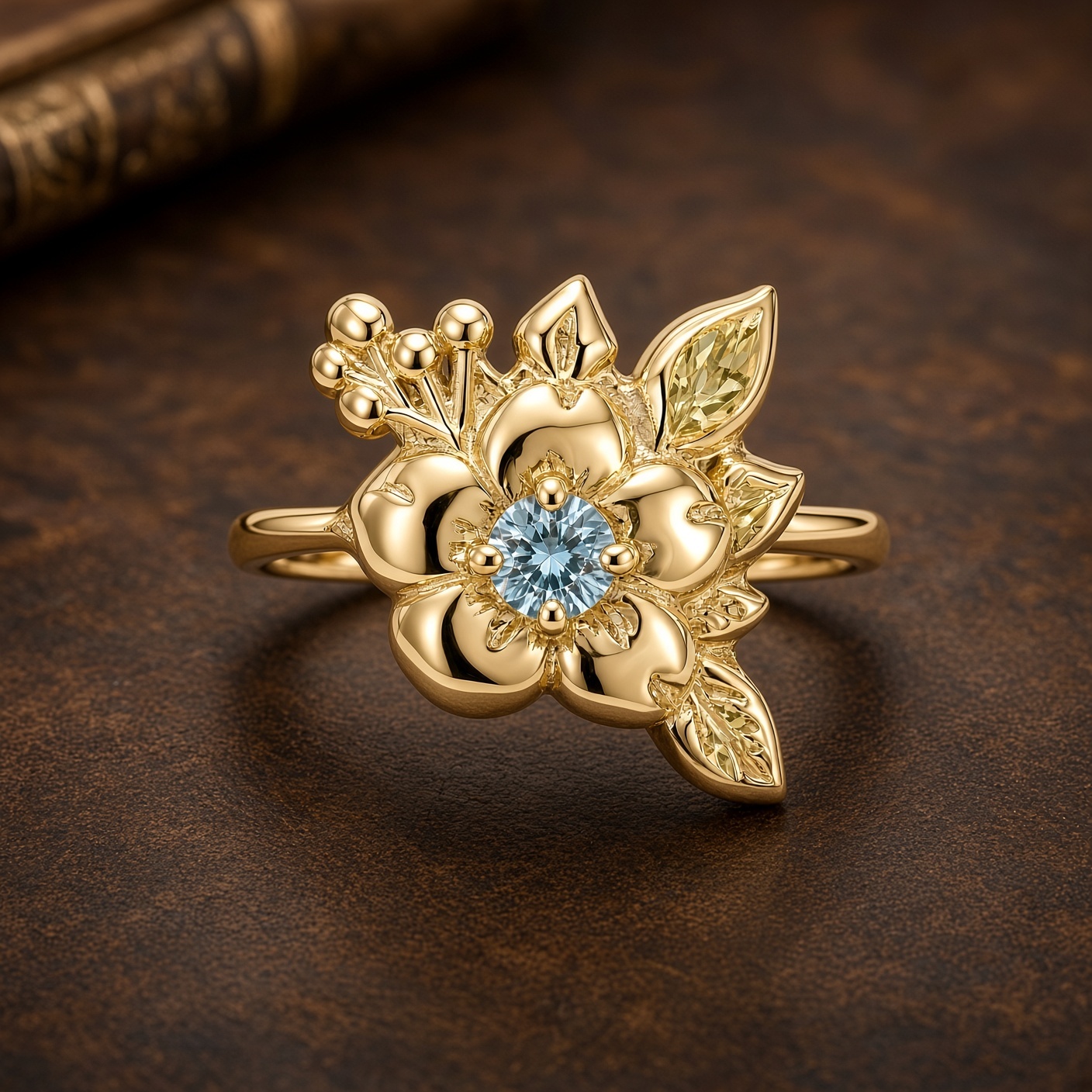 14K yellow gold wild rose ring with a round blue diamond center, sculpted leaves, and gold berries, on a dark brown leather book