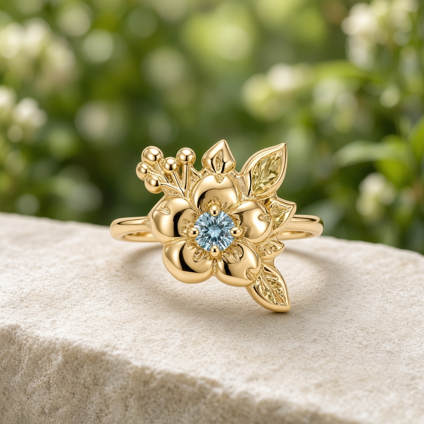 14K yellow gold wild rose ring with a round blue diamond center, sculpted leaves, and gold berries, on a pale stone ledge with green foliage behind