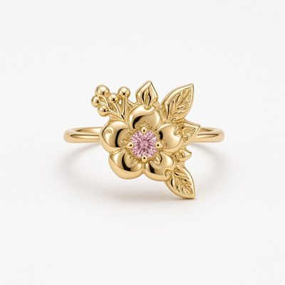 14K yellow gold wild rose ring with a round pink diamond center, sculpted leaves, and gold berries, white background