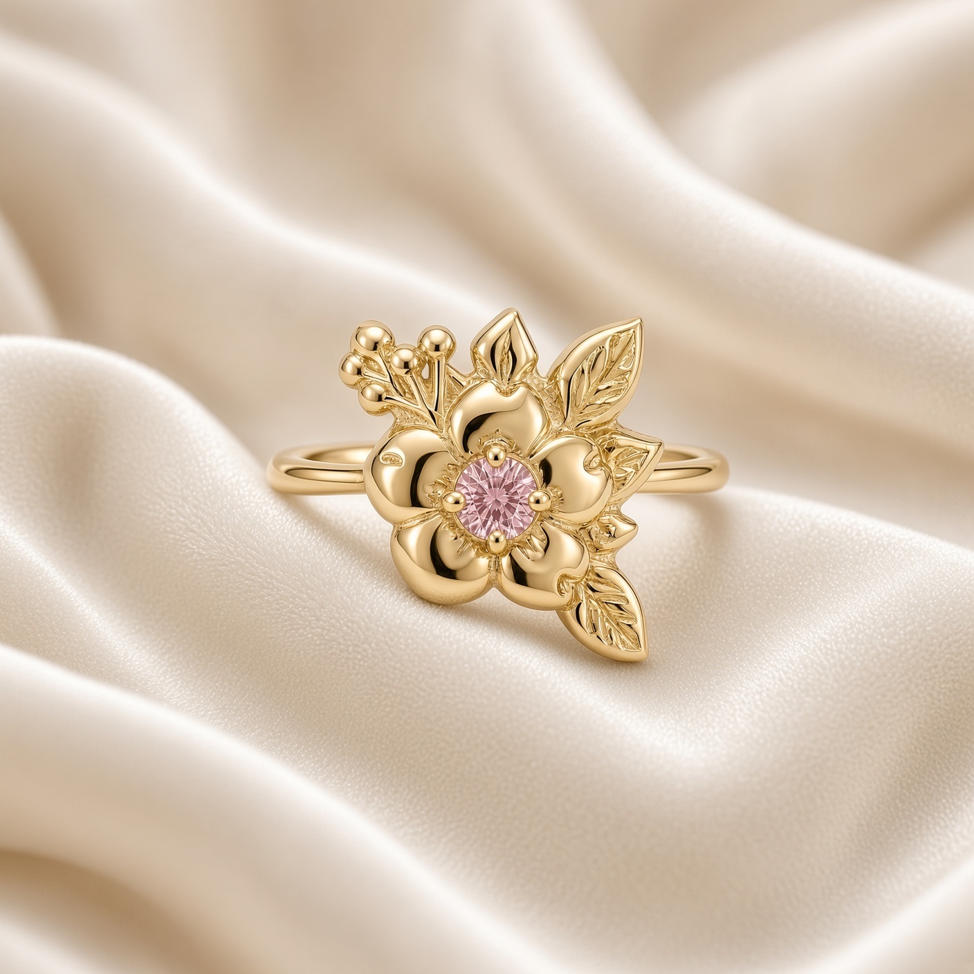 14K yellow gold wild rose ring with a round pink diamond center, sculpted leaves, and gold berries, on draped cream satin