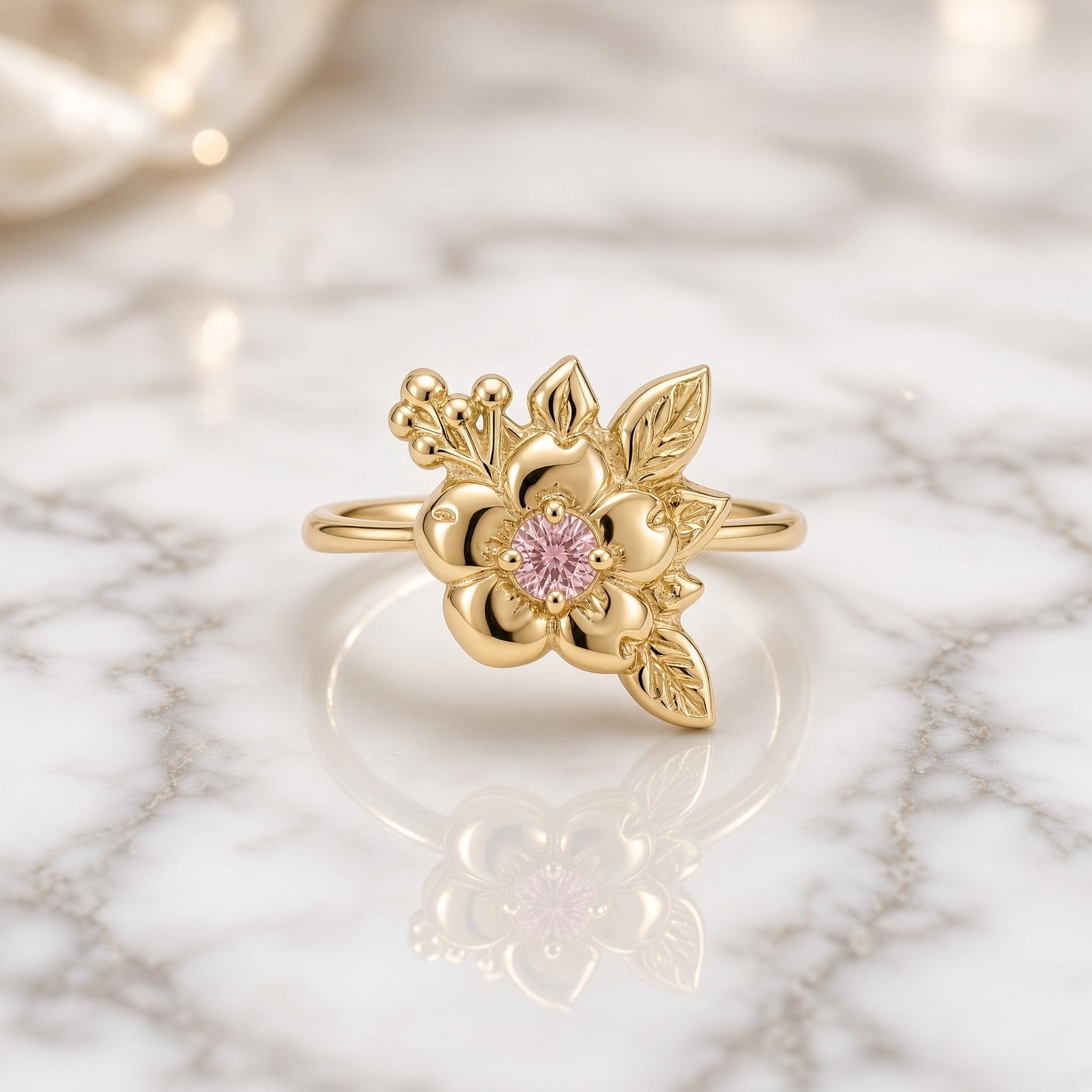 14K yellow gold wild rose ring with a round pink diamond center, sculpted leaves, and gold berries, on white and gray marble