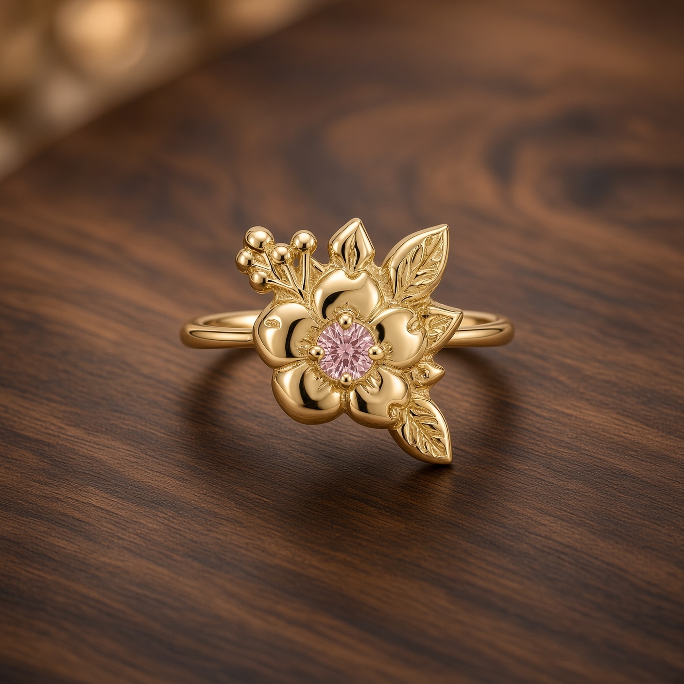 14K yellow gold wild rose ring with a round pink diamond center, sculpted leaves, and gold berries, on dark wood