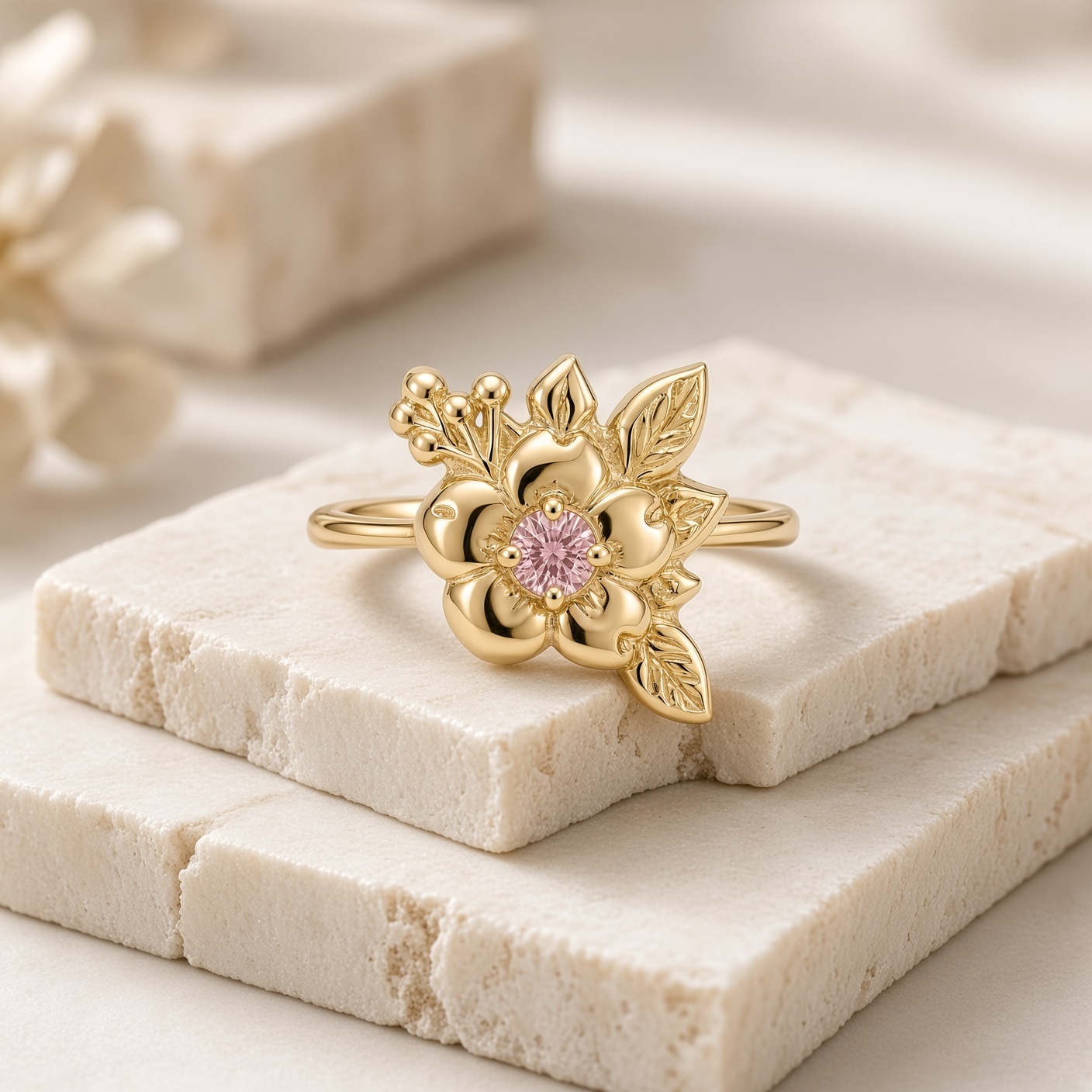 14K yellow gold wild rose ring with a round pink diamond center, sculpted leaves, and gold berries, on stacked cream stone tiles