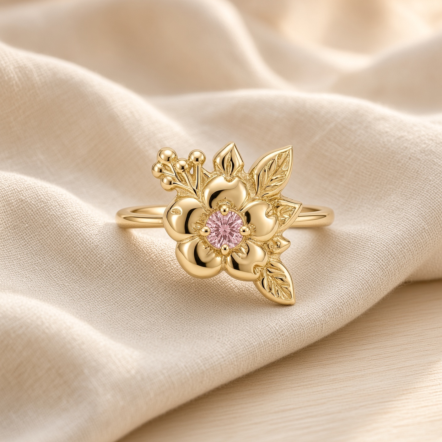 14K yellow gold wild rose ring with a round pink diamond center, sculpted leaves, and gold berries, on soft cream linen