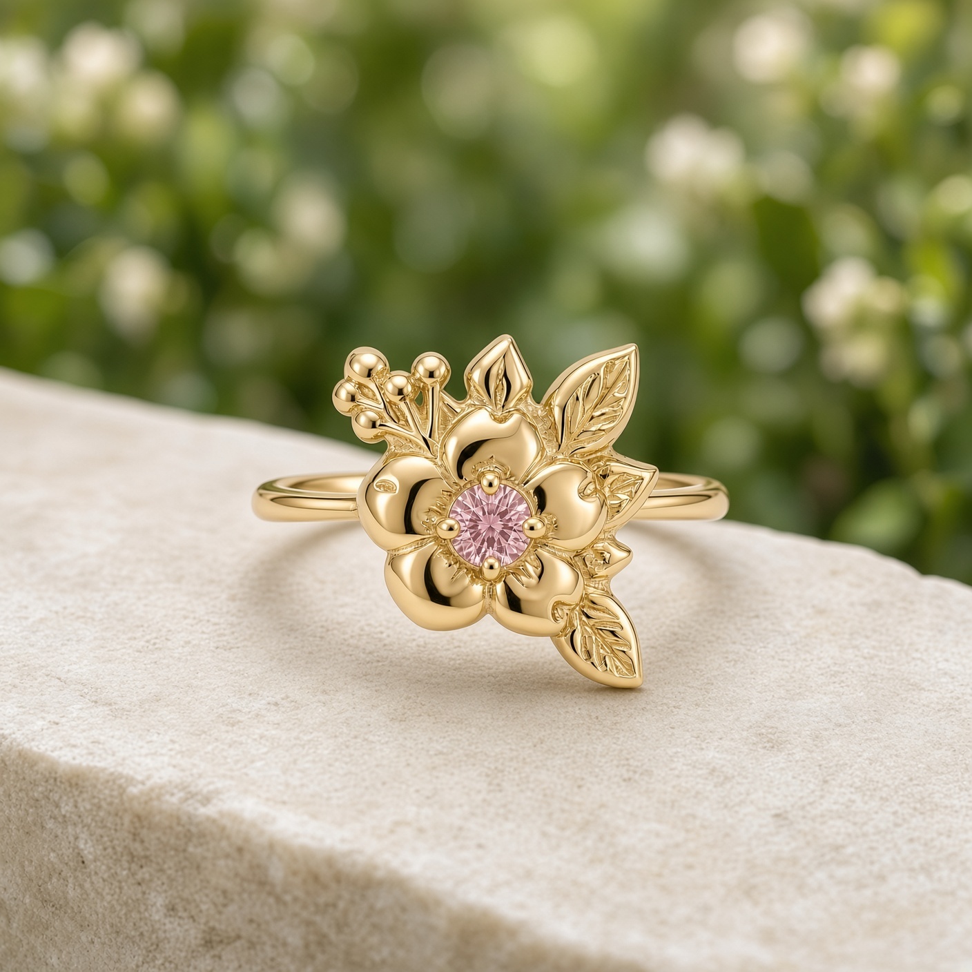 14K yellow gold wild rose ring with a round pink diamond center, sculpted leaves, and gold berries, on a dark brown leather book