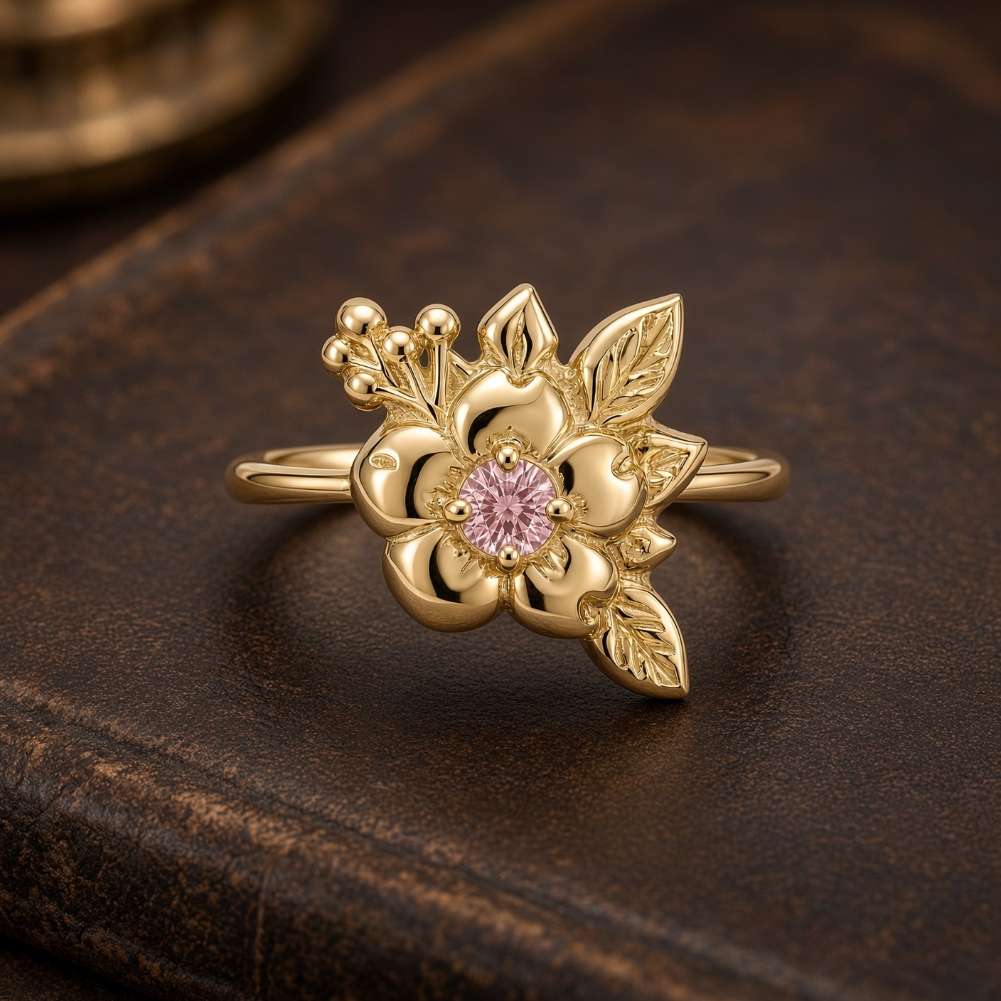 14K yellow gold wild rose ring with a round pink diamond center, sculpted leaves, and gold berries, on a pale stone ledge with green foliage behind