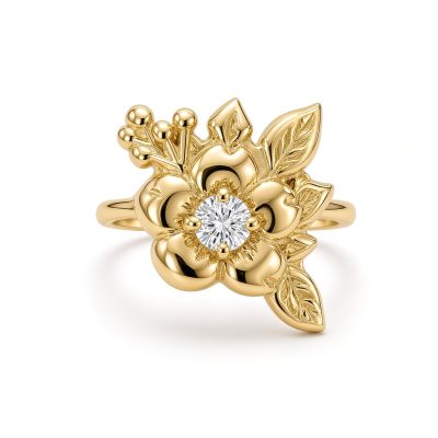 14K yellow gold wild rose ring with a round diamond center, sculpted leaves, and gold berries, white background