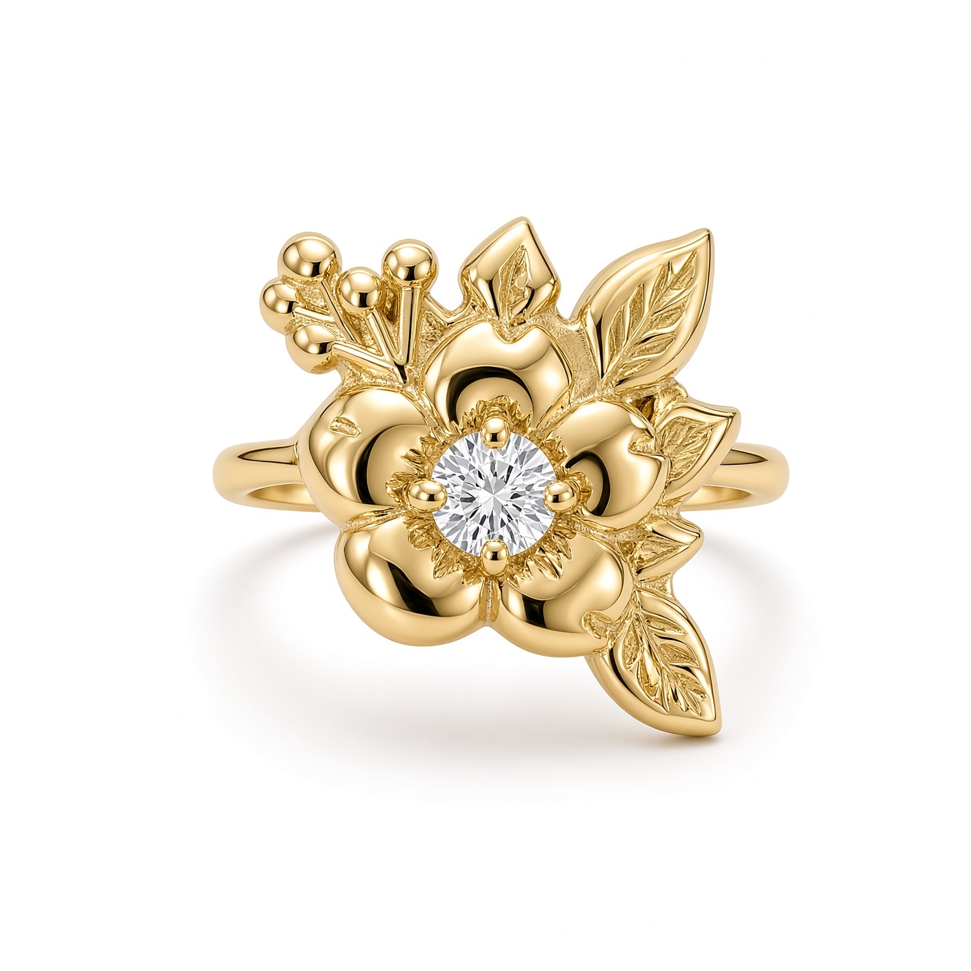 14K yellow gold wild rose ring with a round diamond center, sculpted leaves, and gold berries, white background