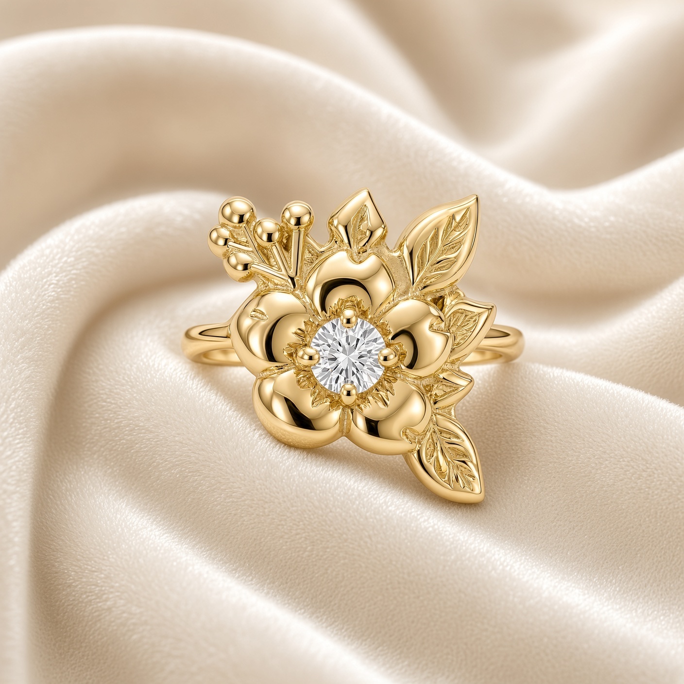 14K gold wild rose diamond ring on draped cream satin