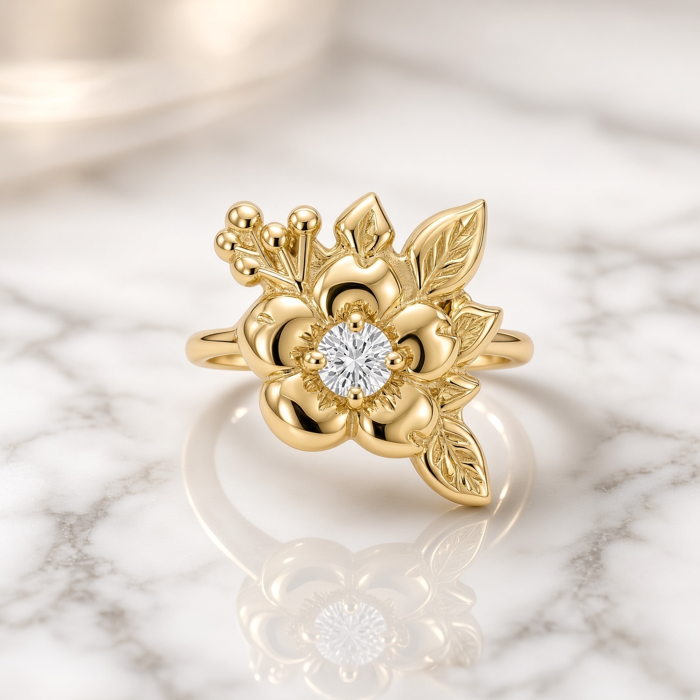 14K gold corner flower diamond ring on white and gray marble