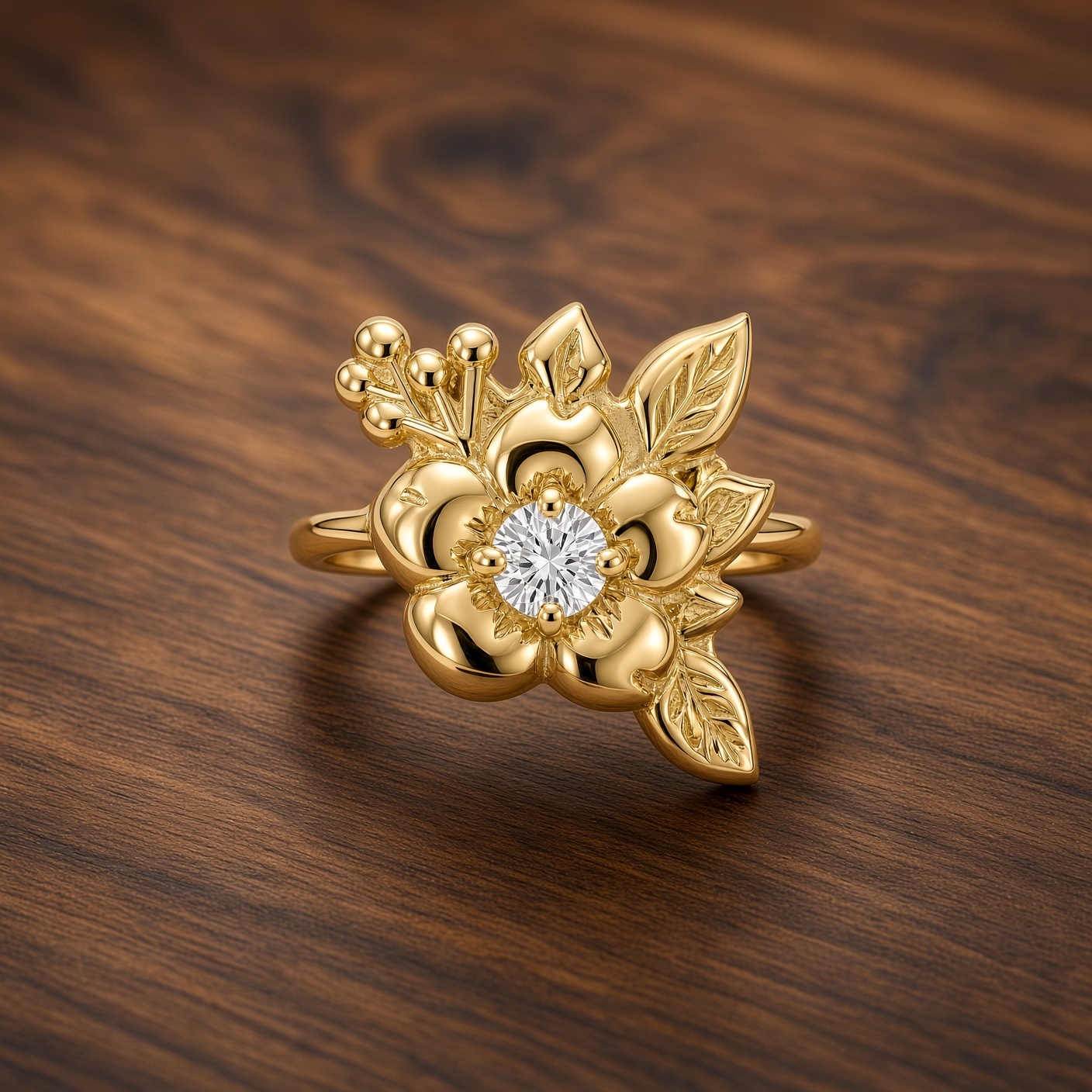 Gold flower ring with a round diamond on dark wood