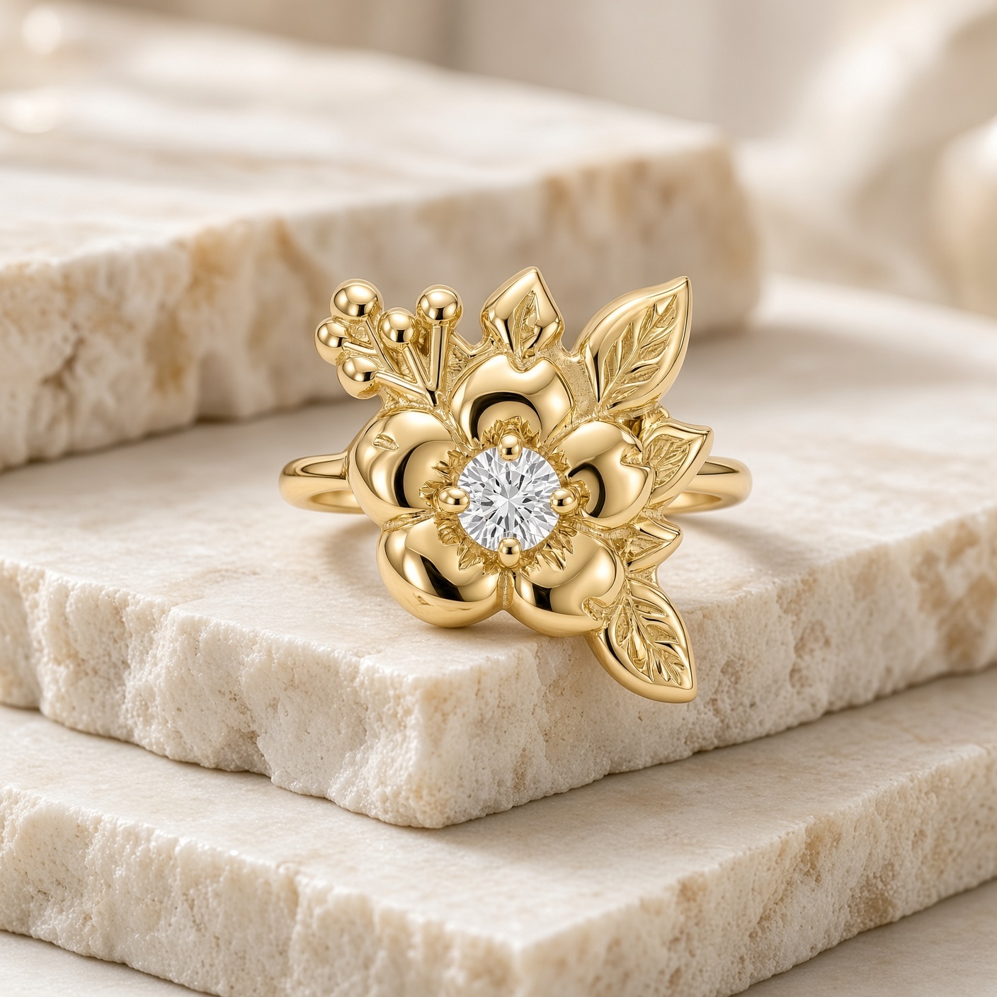 Gold corner flower diamond ring on stacked cream stone tiles