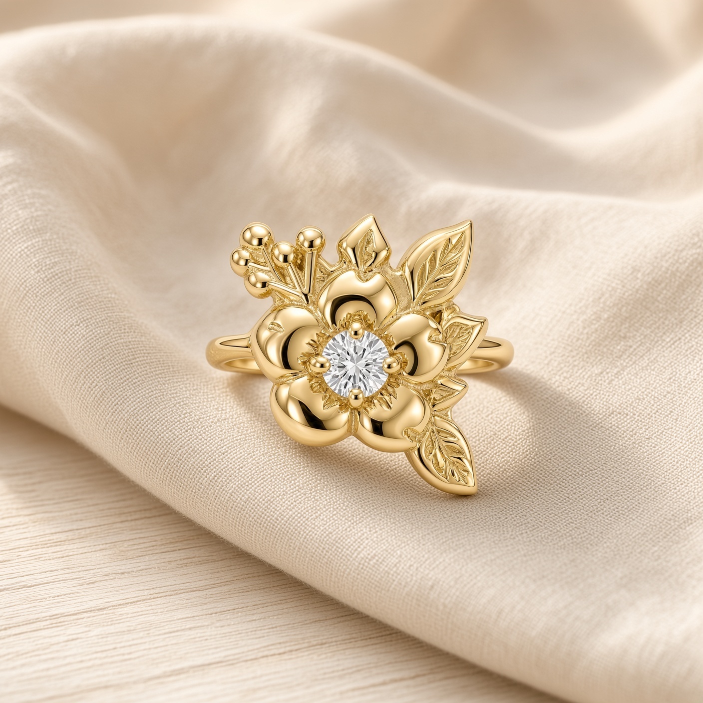 14K gold flower ring with a diamond center on soft cream linen