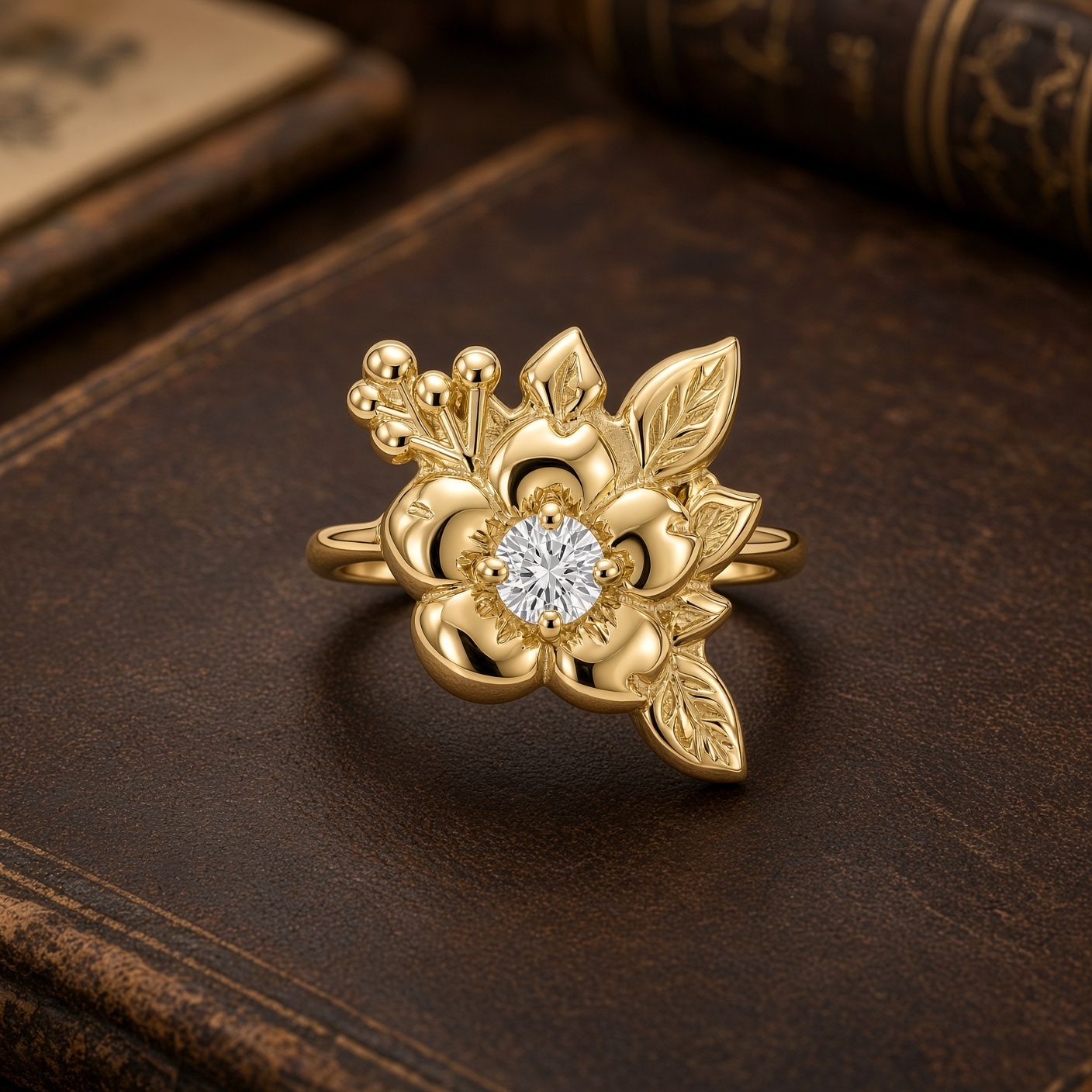 14K yellow gold rose ring with diamond on a dark brown leather book