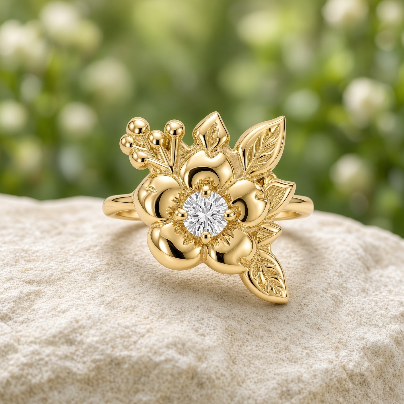 Corner Flower diamond ring in 14K gold on a pale stone ledge with green foliage behind