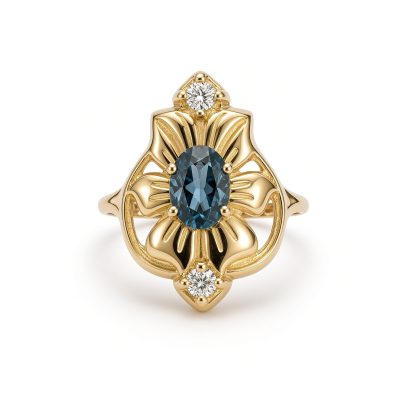14K yellow gold art nouveau flower ring with an oval London blue topaz and two diamonds, white background