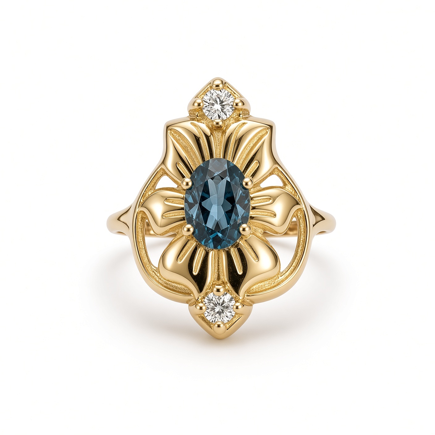 14K yellow gold art nouveau flower ring with an oval London blue topaz and two diamonds, white background