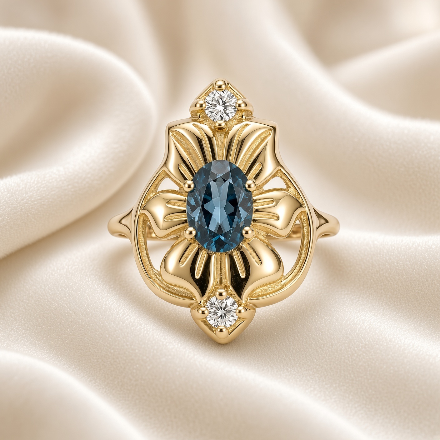 14K gold London blue topaz and diamond flower ring on draped cream satin