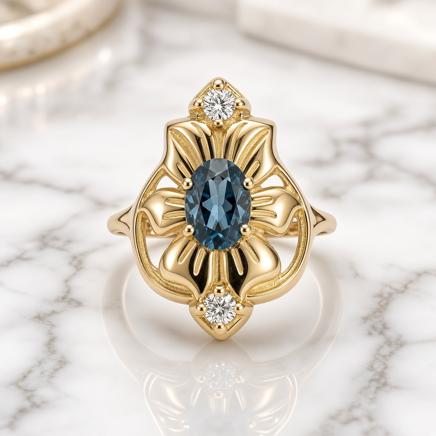 14K gold London blue topaz flower ring on white and gray marble