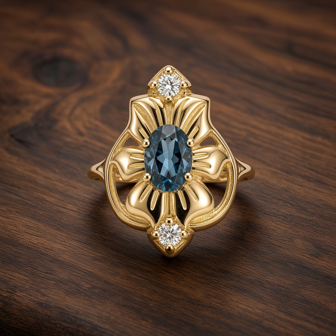 Art nouveau flower ring with London blue topaz and diamonds on dark wood