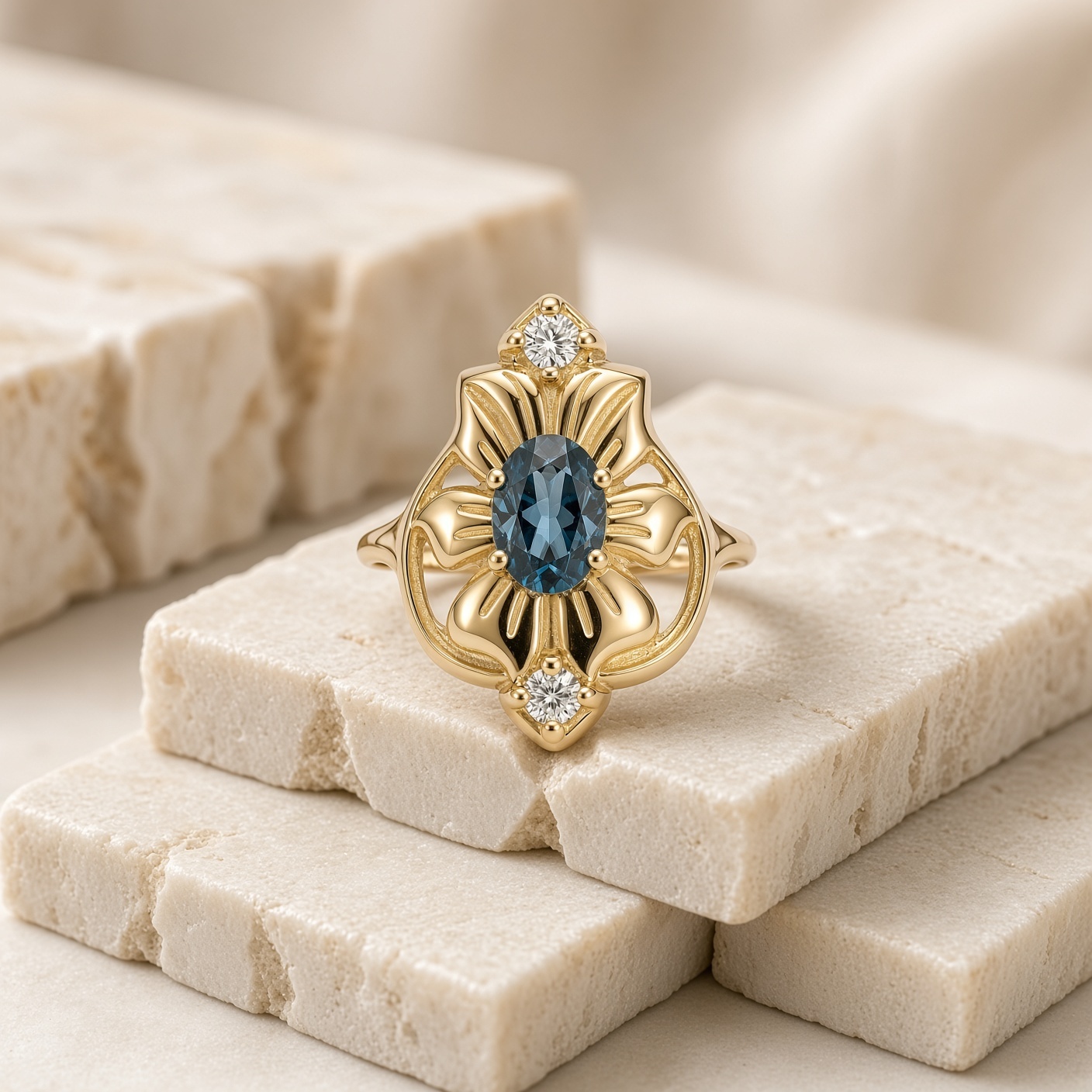 14K yellow gold London blue topaz flower ring on stacked cream stone tiles
