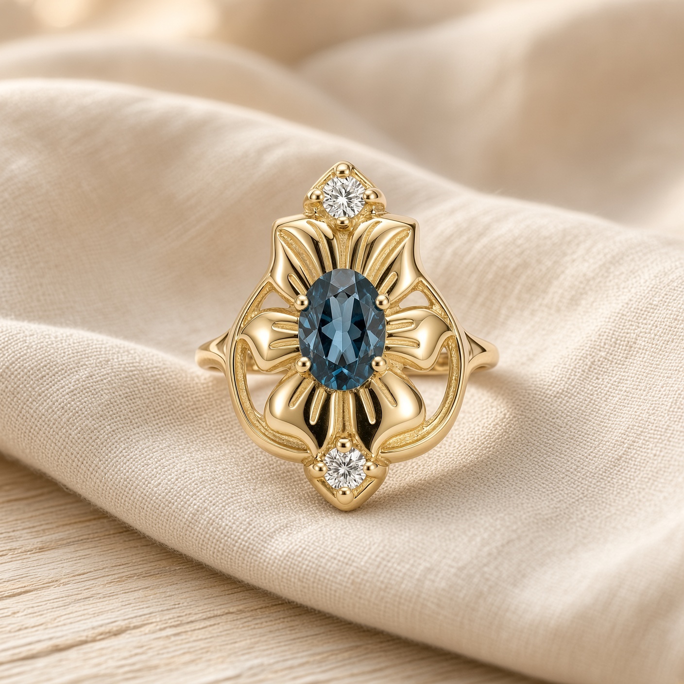 14K gold London blue topaz ring on soft cream linen