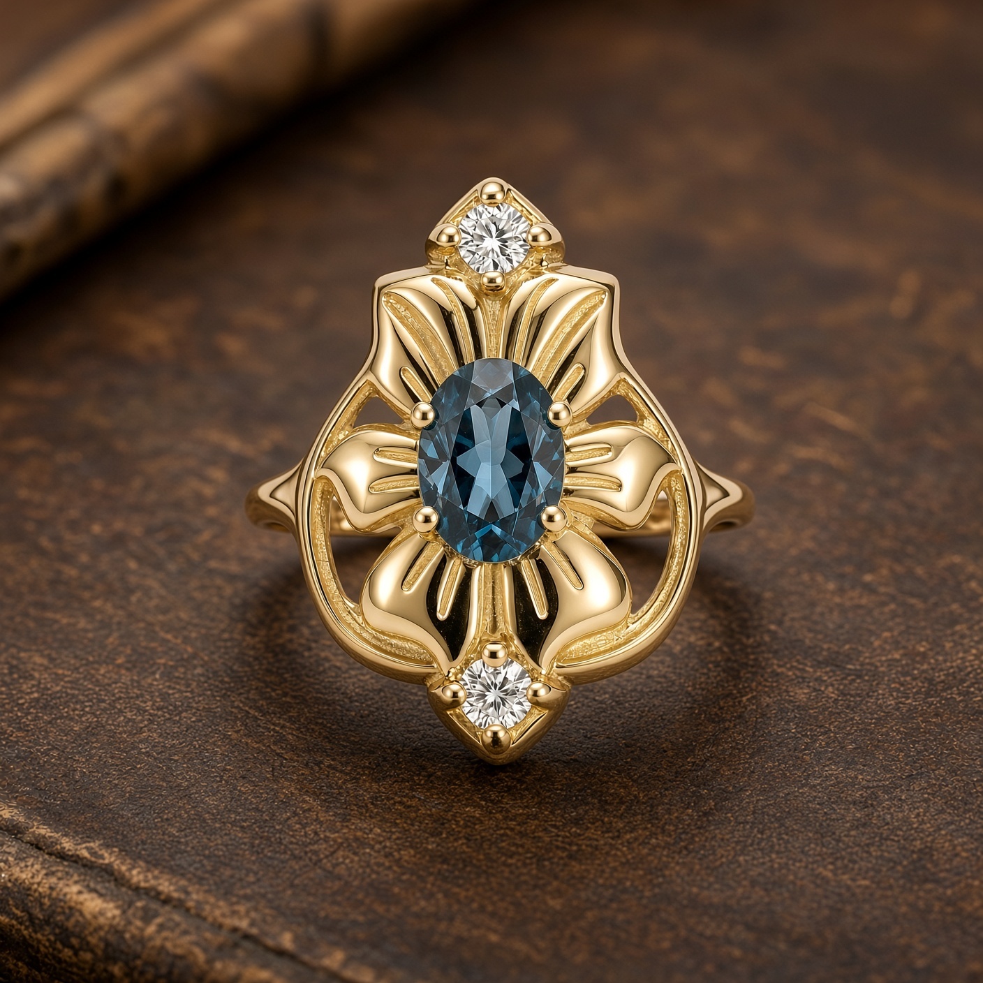 Gold flower ring with deep blue topaz and diamonds on a dark brown leather book