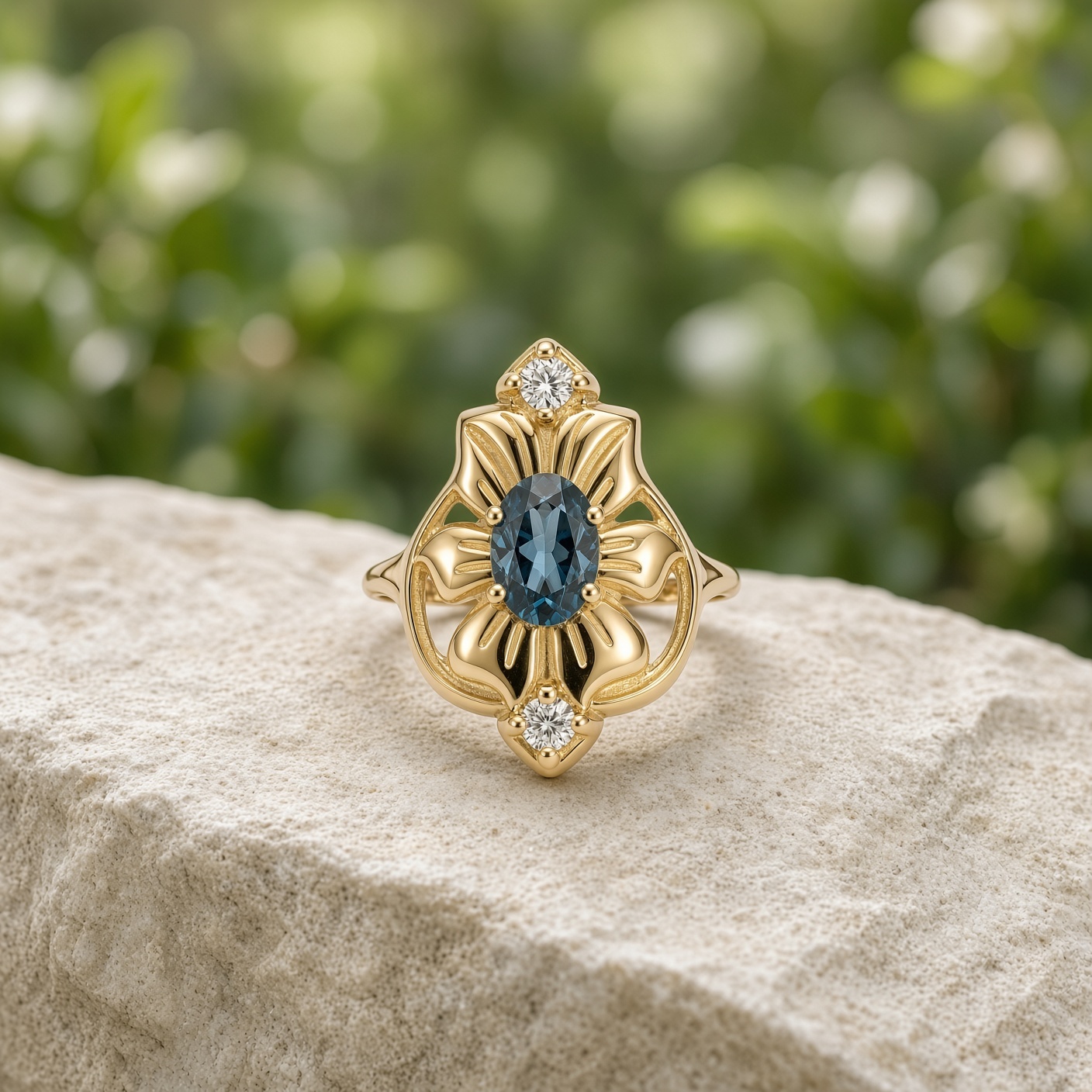 Art nouveau topaz and diamond ring in 14K gold on a pale stone ledge with green foliage behind