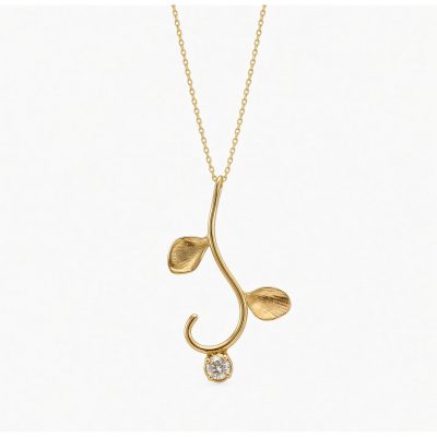 14K yellow gold vine pendant with two leaves and a round diamond on a gold chain, white background