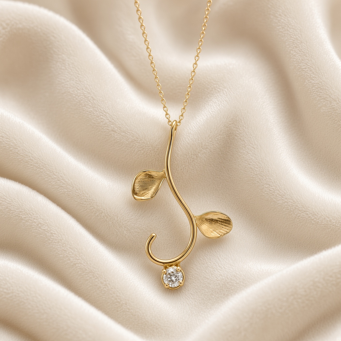 Gold vine pendant with leaves and a diamond drop on draped cream satin