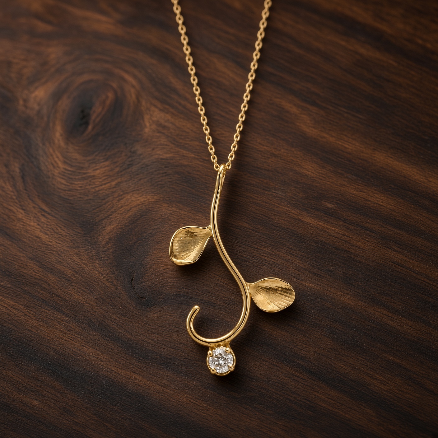 Curling gold vine pendant with two leaves and a diamond on dark wood